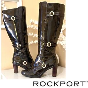 Like New ROCKPORT Dark Brown Patent Leather Tall Boots 3” Block Heel Size 7.5